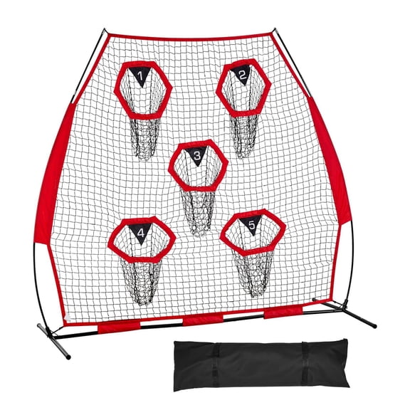 Football Throwing Net 7x7 ft, Portable Training Target with 5 Pockets, Knotless Football Practice Net for QB Accuracy, Includes Carry Case, Red