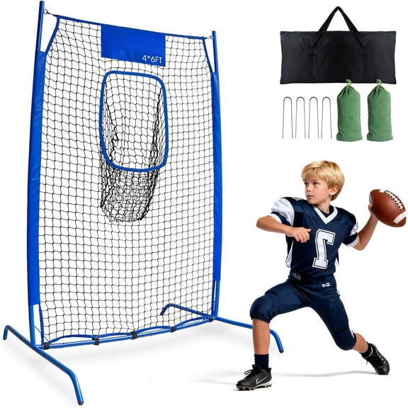 Football Throwing Net, Frame Quarterback Equipment Throwing Machine with 1-4 Targets, Easy Setup Football Target Practice with CarryBag, Allweather Indoor Outdoor Use