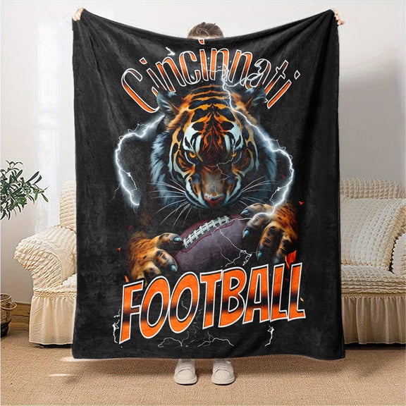 Football Tiger Mascot & Team Spirit Print Flannel Blanket - All-Season Soft Warmth for Home, Travel, Camping - Black & Orange Game Day Decor for Fans, Cozy Bedspread or Couch Throw with Co