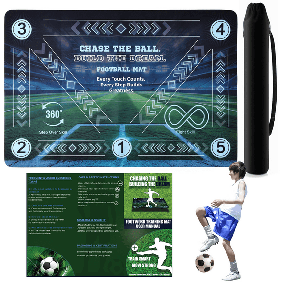 Football Training Mat for Kids & Teens 24x36 Inch Soccer Agility Footwork Trainer with Step Over, 360 Turn & Dribbling Paths Indoor Skills Equipment for Youth Players