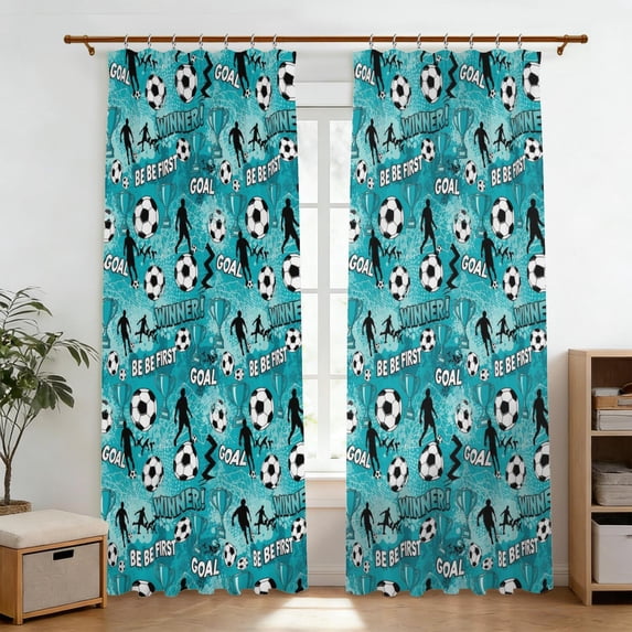 Football and Trophy Blue Pattern Pinch Pleat Semi Sheer Curtains, Pinch ...