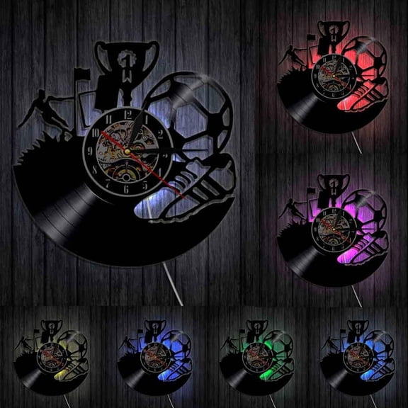 Football Trophy Wall Vinyl Record Clock Soccer Team Champions Sports Fan Gift Vinyl Record Wall Art Soccer Shoes Wall Decor With LED