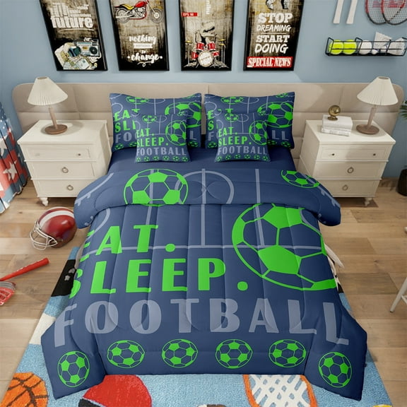 Football Twin Comforter Set with Sheets Sport Game Ball Theme Bed in a Bag Football Room Decor Bed Set Sports Bedding Sets Teen Sports Sheets 7 Pcs Navy Blue Green