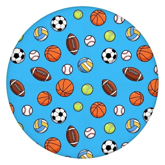 Football and Volleyball Blue Pattern Round Fitted Tablecloth with Elastic Edge, Waterproof Dining Table Cover for Indoor Outdoor Camping and Daily Use