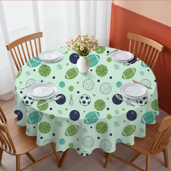 Football and Volleyball Lightgreen Pattern Round Tablecloth 70"x70", Wrinkle Resistant Wipeable Table Cover for Kitchen Dining Room Picnic Patio and Party