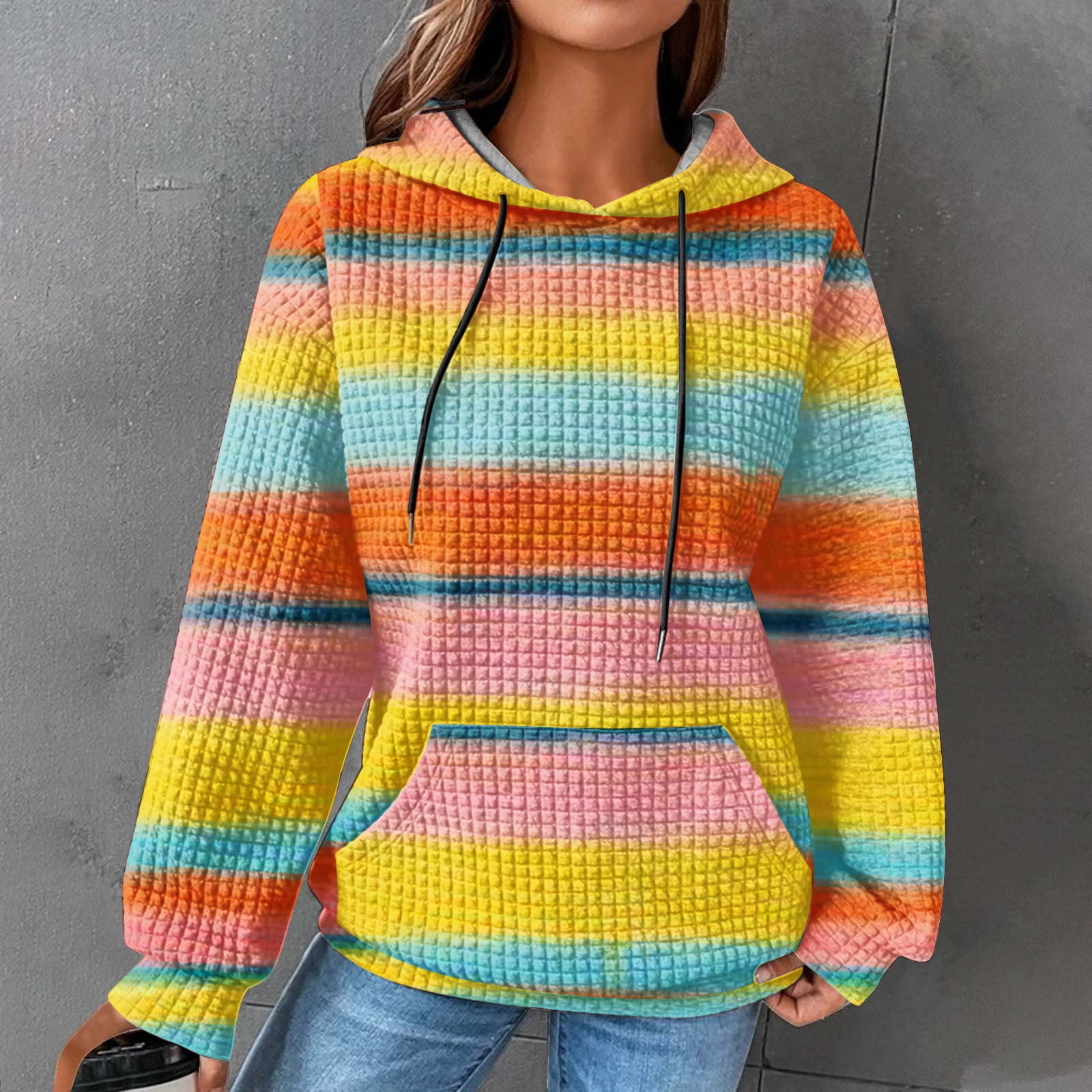 Women's Waffle Knit Hoodie Cardigan, Long Sleeve Drawstring