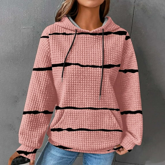 Football Waffle Hoodies for Women,Womens Jacquard Drawstring Ribbed Knit Pullover Hoodie Fall Oversized Waffle Striped Sweatshirts Long Sleeve Loose Hood Sweater Tops