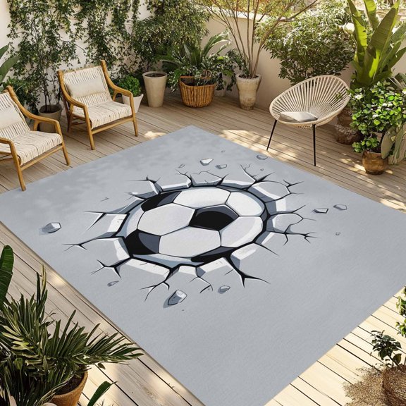 Football Wall Crack Outdoor Rug 3x5 Ft - Reversible Patio Rug Outdoor Camping Rugs, Modern Abstract Footballs in Wall Washable Indoor Outdoor Area Rugs, Non-Slip Outdoor Carpet Runner for Deck/Porch