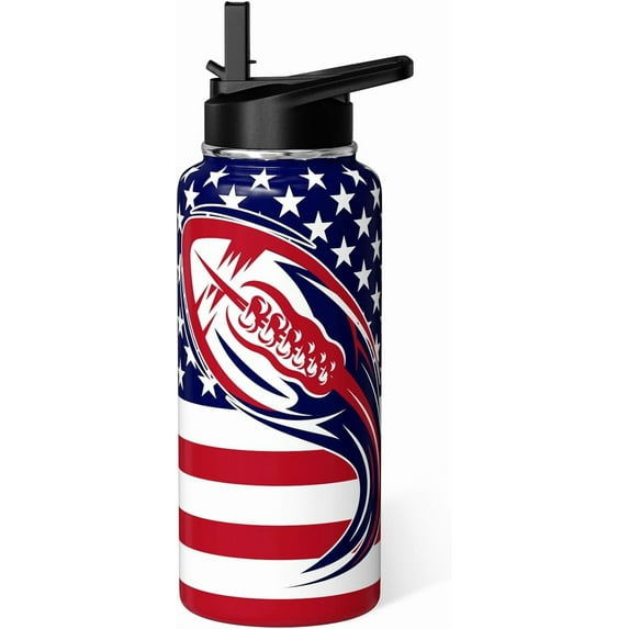 Football Water Bottle 32oz Insulated Sports American Flag Water Bottles Football Gifts for Boys Girls Gift for Football Coach Lovers Fan Players Football Stuff Accessories for Men Women