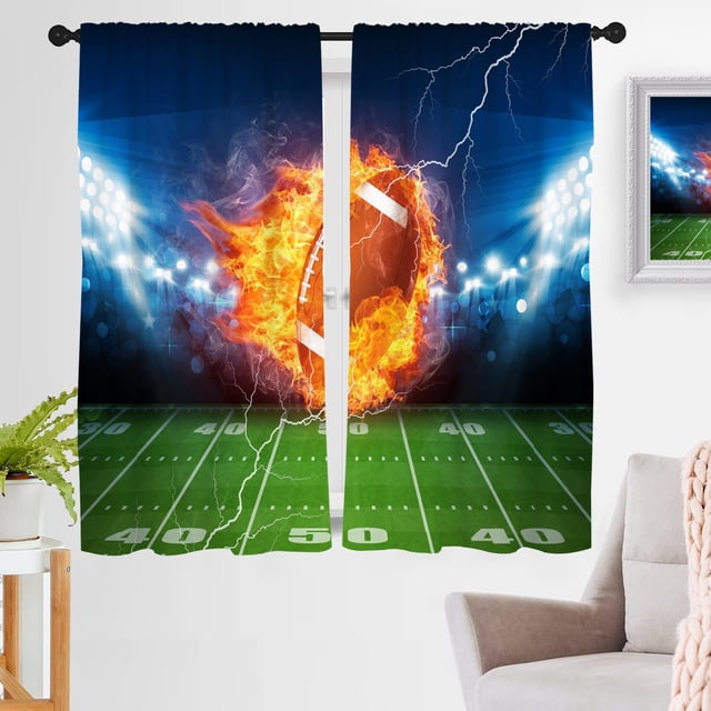 Football Window Curtain Boys Sports Kids Men Teen Cool Art Gaming Orange Blue Green Black Modern Gamer Balls 42" W x 63" L Curtains Set for Living Room Bedroom Bathroom 2 Panels Drapes