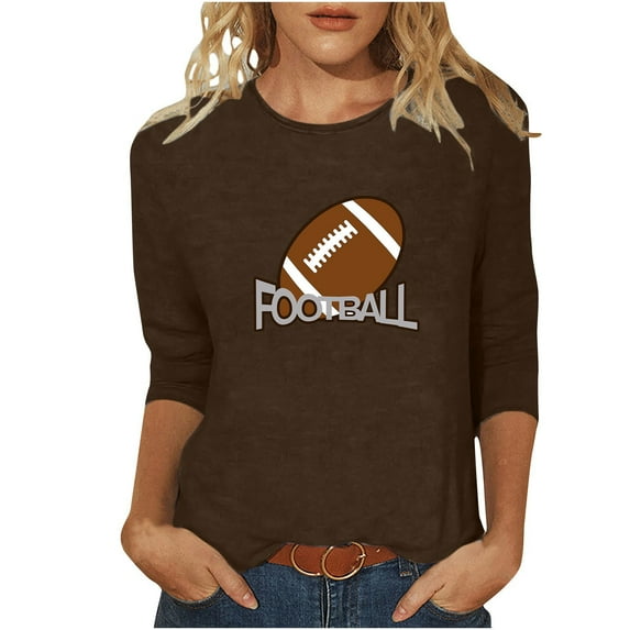 Football Women 3/4 Sleeve Shirts Crewneck Pullover Blouses Loose Comfy Tops Fashion Tunic Tee