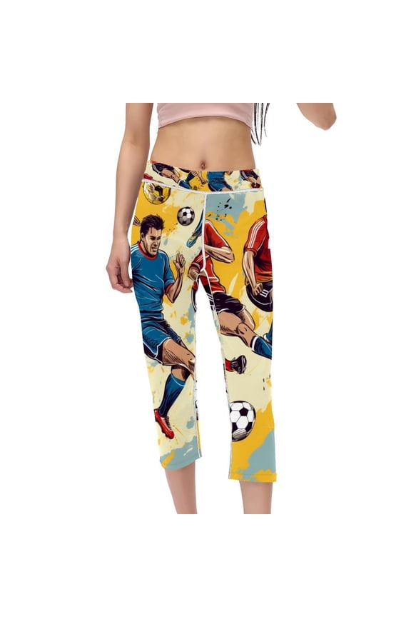 Football Women High Waist Capris Compression Leggings, Non-See-Through Printed Gym Pants, Yoga Pants for Running Fitness Yoga