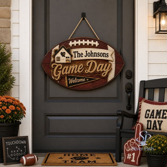 Football Wood Sign Personalized Family Name Wood Front Door Hanger for Fall Game Day Homes