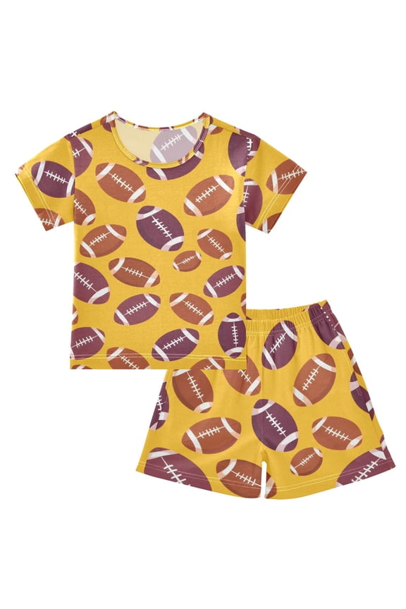 Football Yellow Background Pattern Summer Pajama Set Soft Cotton Short Sleeve Sleepwear 2PCS Pajama Sets Breathable Lounge Set Size 5Y