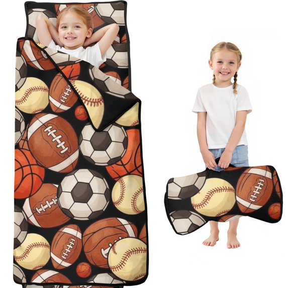 Football and Baseball Black Pattern Teens Toddler Nap Mat with Pillow, Sleeping Mat Bag for Preschool Daycare 60"x20"