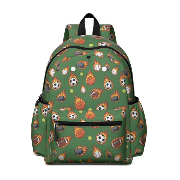 Football and Baseball Green Pattern Cute School Backpack with Padded Back and Adjustable Shoulder Straps 13.4"x11"x4.7"