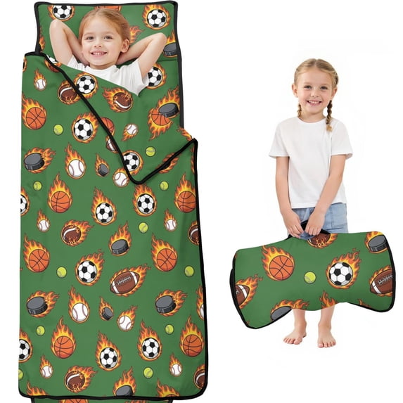 Football and Baseball Green Pattern Teens Toddler Nap Mat with Pillow, Sleeping Mat Bag for Preschool Daycare 59"x22"