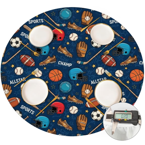 Football and Baseball Navy Pattern Round Fitted Tablecloth with Elastic Edge, Waterproof Dining Table Cover for Indoor Outdoor Camping and Daily Use