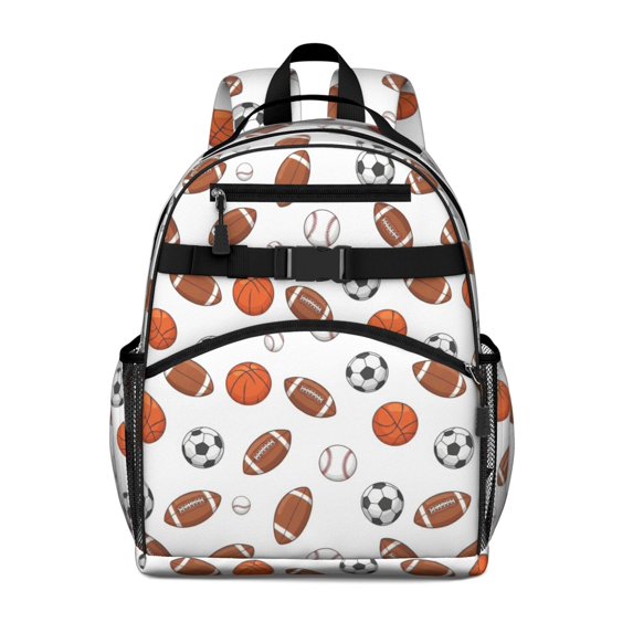 Football and Baseball White Pattern Cute School Backpack Bag for School with Padded Back and Adjustable Shoulder Straps 15.25"x11.5"x5.25"
