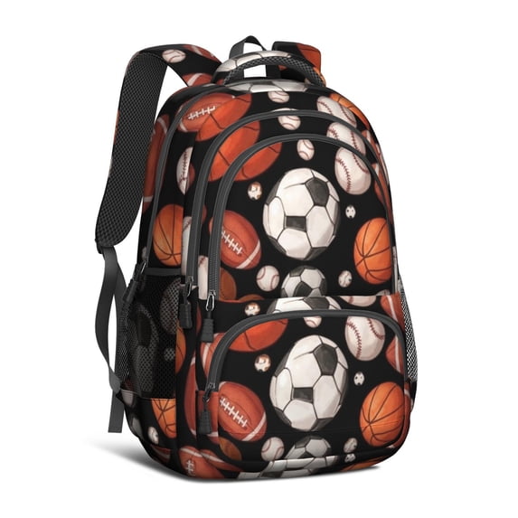 Football and Basketball Black Pattern Cute School Backpack Bag with Padded Back and Adjustable Shoulder Straps 16.9 X 12.6 X 5.9 Inches