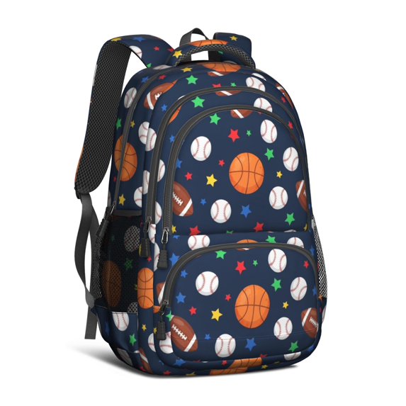Football and Basketball Black Pattern Cute School Backpack Bag with Padded Back and Adjustable Shoulder Straps 16.9 X 12.6 X 5.9 Inches