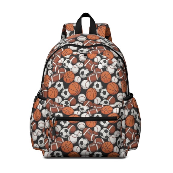 Football and Basketball Black Pattern Cute School Backpack with Padded Back and Adjustable Shoulder Straps 13.4"x11"x4.7"