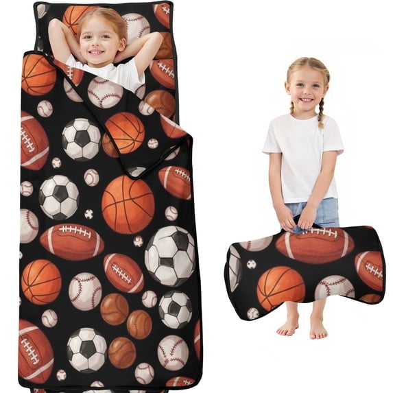 Football and Basketball Black Pattern Teens Toddler Nap Mat with Pillow, Sleeping Mat Bag for Preschool Daycare 59"x22"