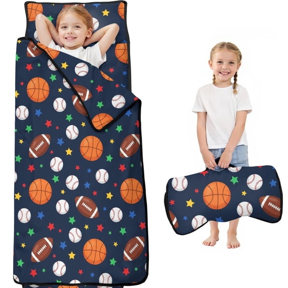 Football and Basketball Black Pattern Teens Toddler Nap Mat with Pillow, Sleeping Mat Bag for Preschool Daycare 59"x22"