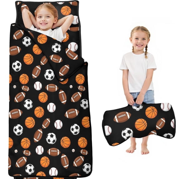 Football and Basketball Black Pattern Teens Toddler Nap Mat with Pillow, Sleeping Mat Bag for Preschool Daycare 59"x22"