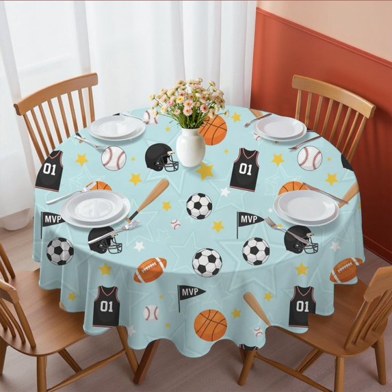 Football and Basketball Blue Pattern Round Tablecloth 60"x60", Wrinkle Resistant Wipeable Table Cover for Kitchen Dining Room Picnic Patio and Party