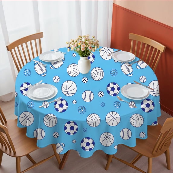 Football and Basketball Blue Pattern Round Tablecloth 70"x70", Wrinkle Resistant Wipeable Table Cover for Kitchen Dining Room Picnic Patio and Party