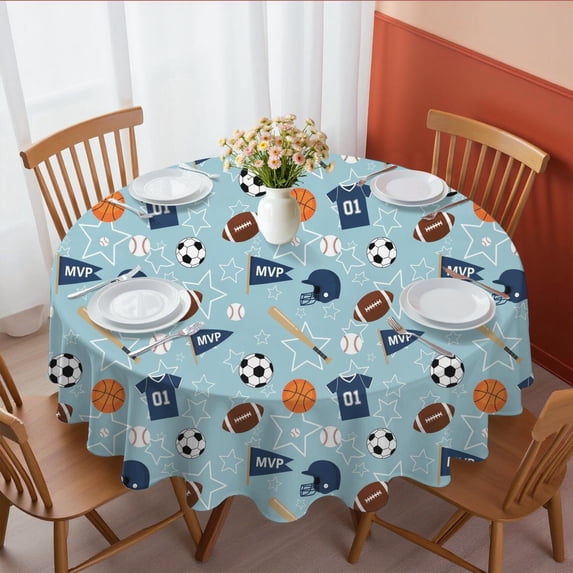 Football and Basketball Blue Round Tablecloth 60"x60", Wrinkle Resistant Wipeable Table Cover for Kitchen Dining Room Picnic Patio and Party