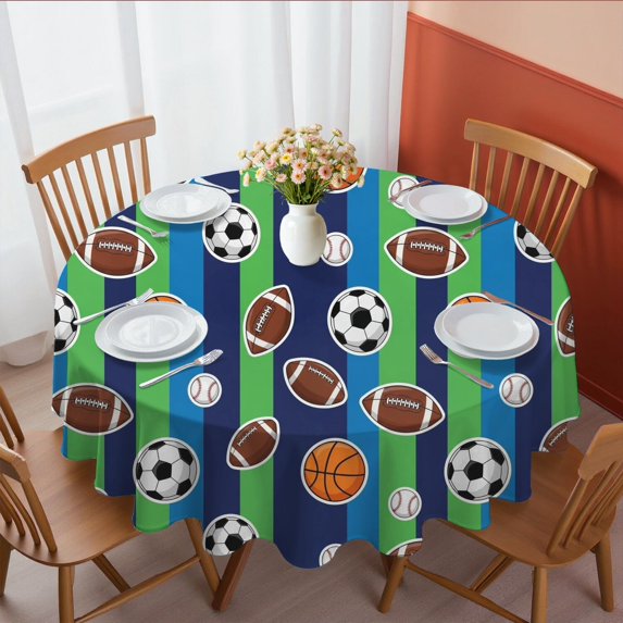 Football and Basketball Green Pattern Round Tablecloth 60"x60", Wrinkle Resistant Wipeable Table Cover for Kitchen Dining Room Picnic Patio and Party