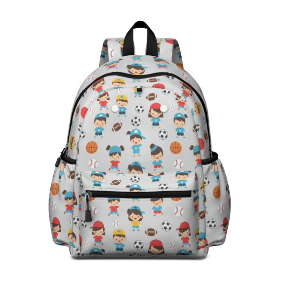 Football and Basketball Grey Pattern Cute School Backpack with Padded Back and Adjustable Shoulder Straps 13.4"x11"x4.7"