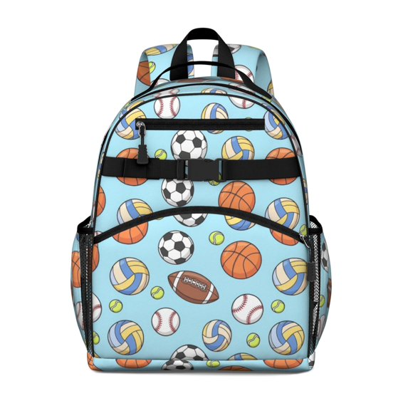 Football and Basketball Lightblue Pattern Cute School Backpack Bag for School with Padded Back and Adjustable Shoulder Straps 15.25"x11.5"x5.25"