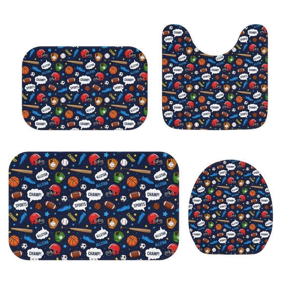 Football and Basketball Navy Pattern Bathroom Rug Set 4 Piece,Includes ...