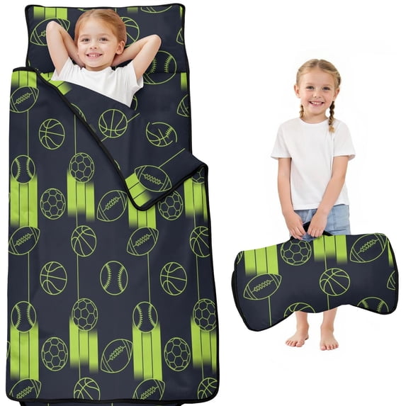 Football and Basketball Navy Pattern Teens Toddler Nap Mat with Pillow, Sleeping Mat Bag for Preschool Daycare 51"x22"