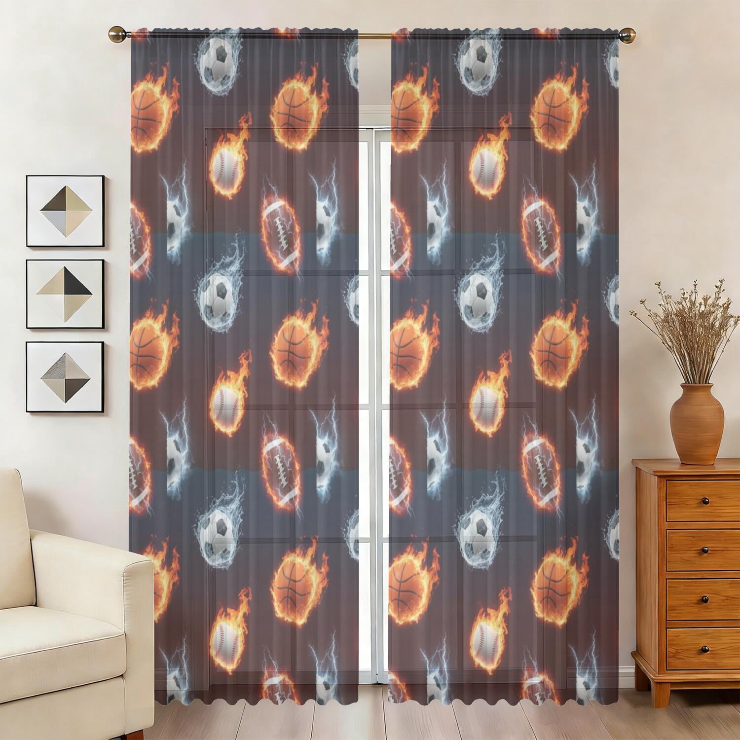 English Red Pattern Football and Basketball Red Pattern Sheer Curtains, Sheer Curtain ...