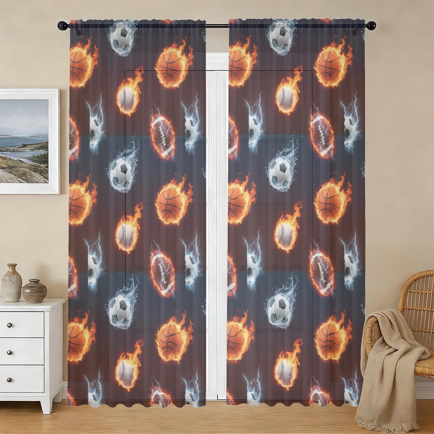 English Red Pattern Football and Basketball Red Pattern Sheer Curtains, Voile Drapes with ...