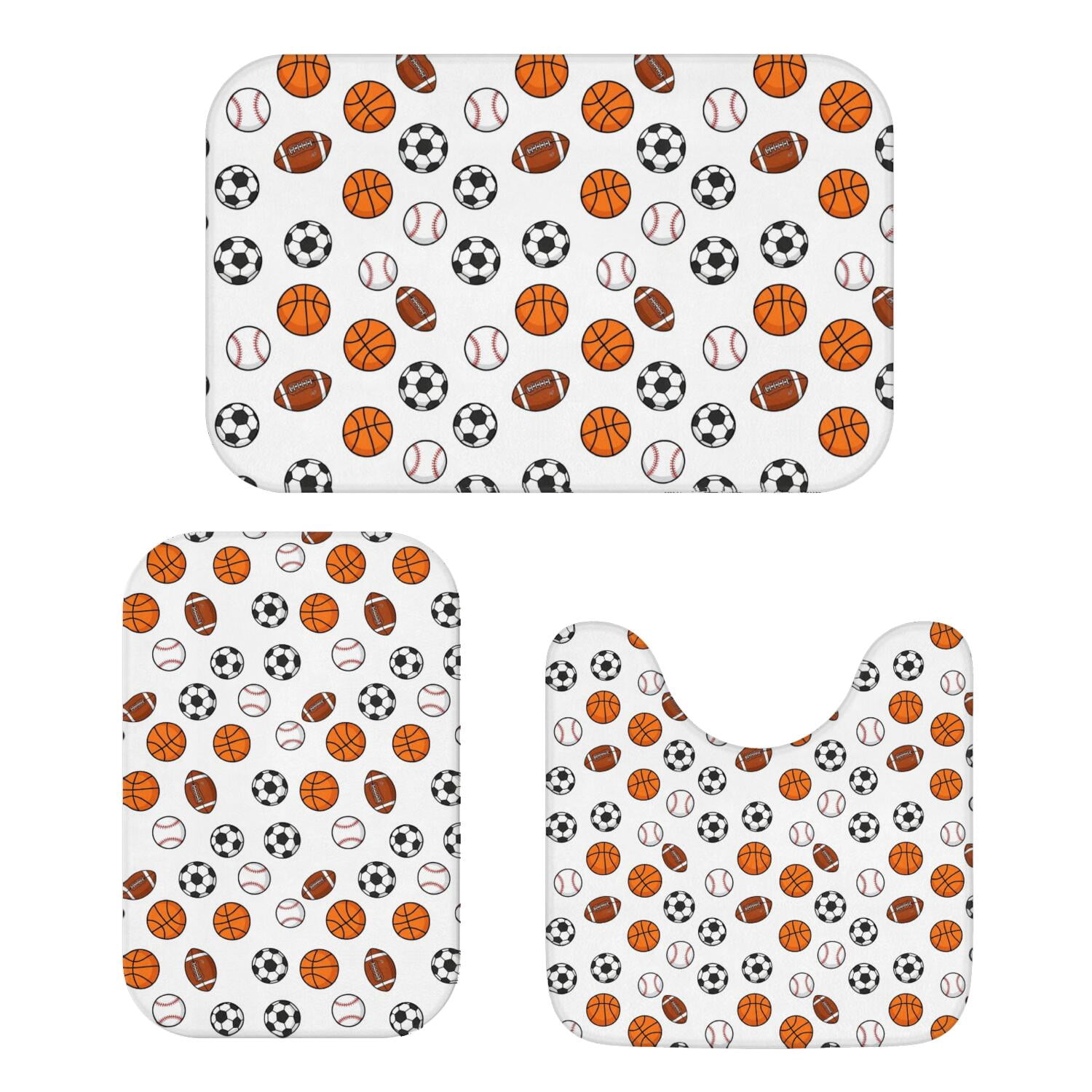 Football and Basketball White Pattern Bathroom Rug Set 3 Piece,Non-Slip ...
