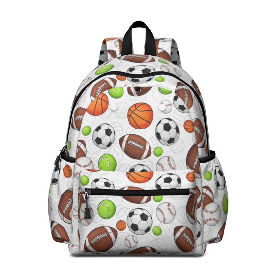 Football and Basketball White Pattern Cute School Backpack with Padded Back and Adjustable Shoulder Straps 13.4"x11"x4.7"