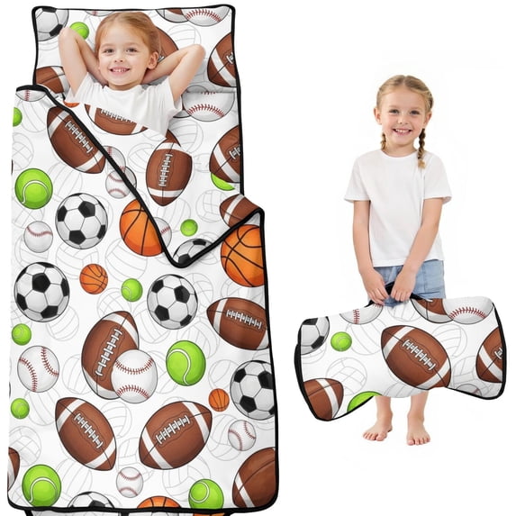 Football and Basketball White Pattern Teens Toddler Nap Mat with Pillow, Sleeping Mat Bag for Preschool Daycare 50"x20"
