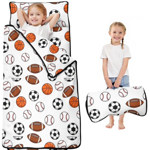 Football and Basketball White Pattern Teens Toddler Nap Mat with Pillow, Sleeping Mat Bag for Preschool Daycare 50"x20"