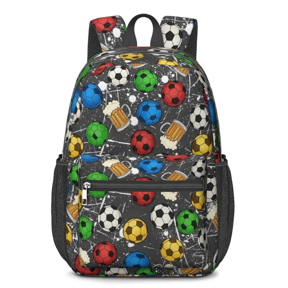 Football and Beermug Black Pattern 17" Waterproof Oxford School Backpacks for Teens, S-Shape Padded Straps, for School, Travel, Hiking, Camping