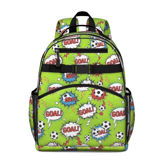 Football and Blast Green Pattern Cute School Backpack Bag for School with Padded Back and Adjustable Shoulder Straps 15.25"x11.5"x5.25"