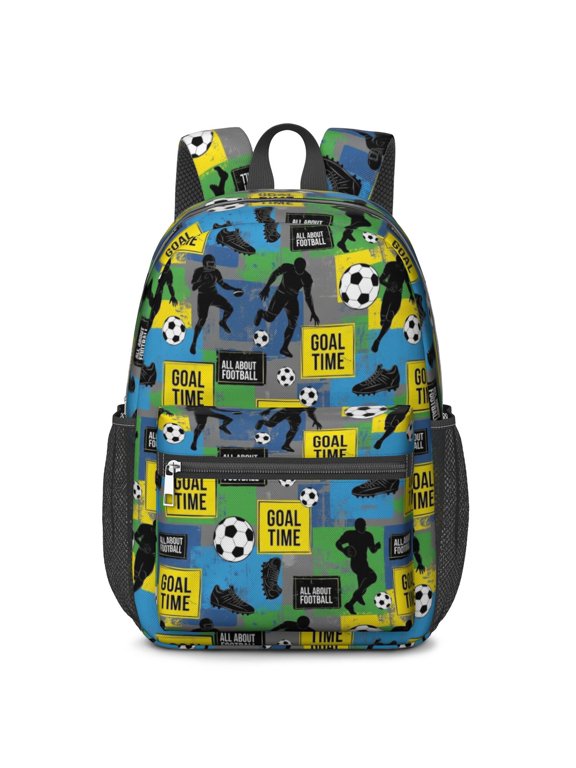 Football and Boot Blue Pattern 17" Waterproof Oxford School Backpacks for Teens, S-Shape Padded Straps, for School, Travel, Hiking, Camping