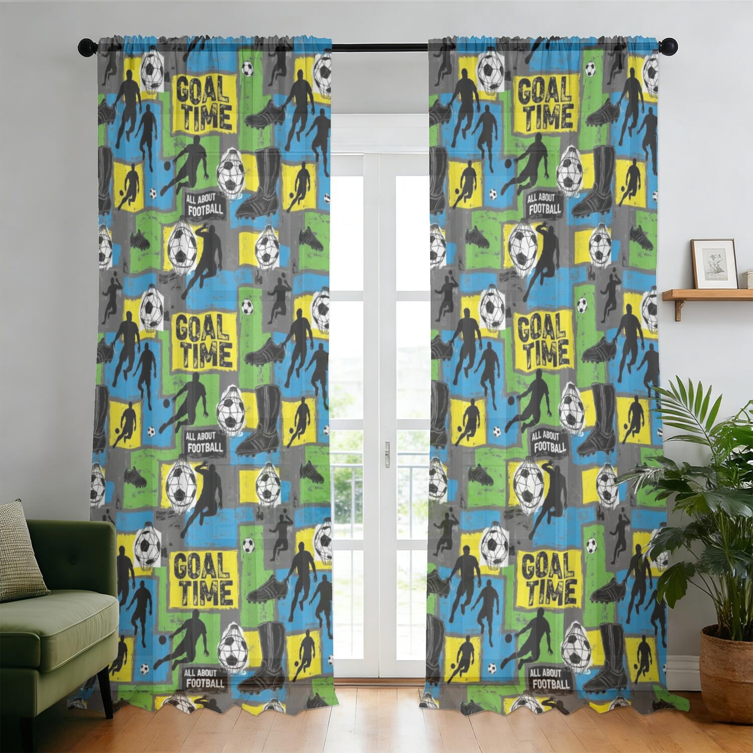 Pattern Colthings Football and Boot Blue Pattern Sheer Curtains, Sheer Curtain Panels ...