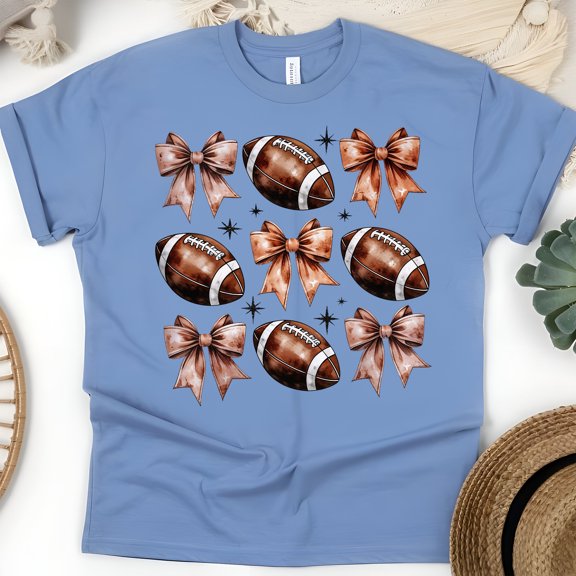 Football and Bow Shirt | Cute Game Day Pattern Graphic Tee, CarolinaBlue, Size XL