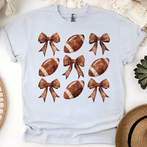 Football and Bow T-Shirt | Cute Game Day Brown Aesthetic Fall Tee, Ash, Size S