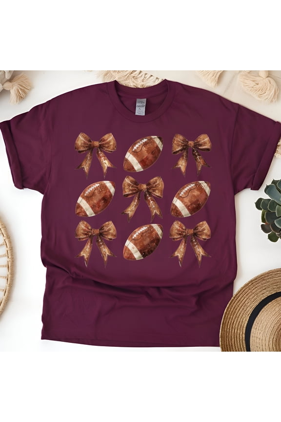 Football and Bow T-Shirt | Cute Game Day Brown Aesthetic Fall Tee, Maroon, Size 3XL